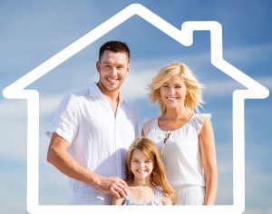 home, happiness and real estate concept - happy family over blue